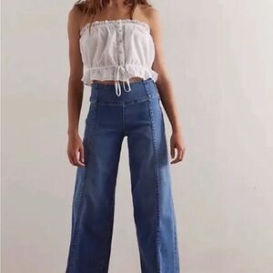 Free People We the Free Spotlight High Rise Wide Leg Side Zip Blue Denim Jeans